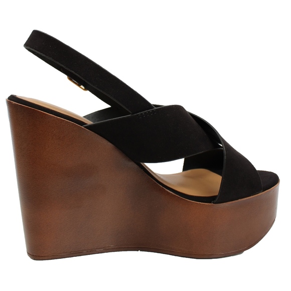 Black Criss Cross Slingback Faux Wooden Wedge - Picture 3 of 8